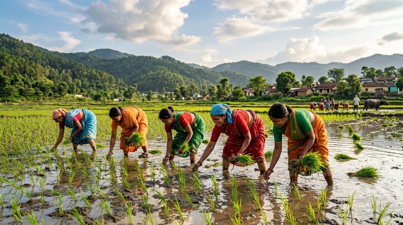 Indian farmers planting rice in fields